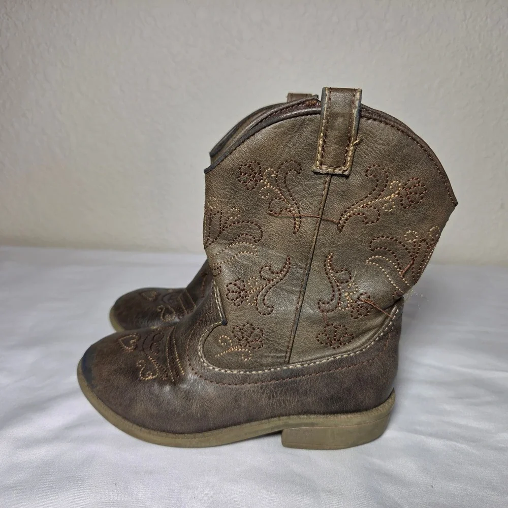 Toddler Brown Faux Leather Western Cowboy Boots Floral Embroidery Size 10 S1621